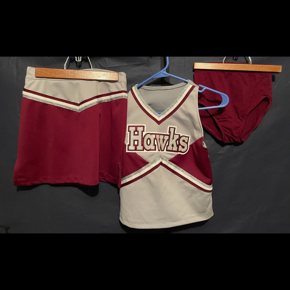 Cheerleader uniform. Size YL. Gray and maroon.